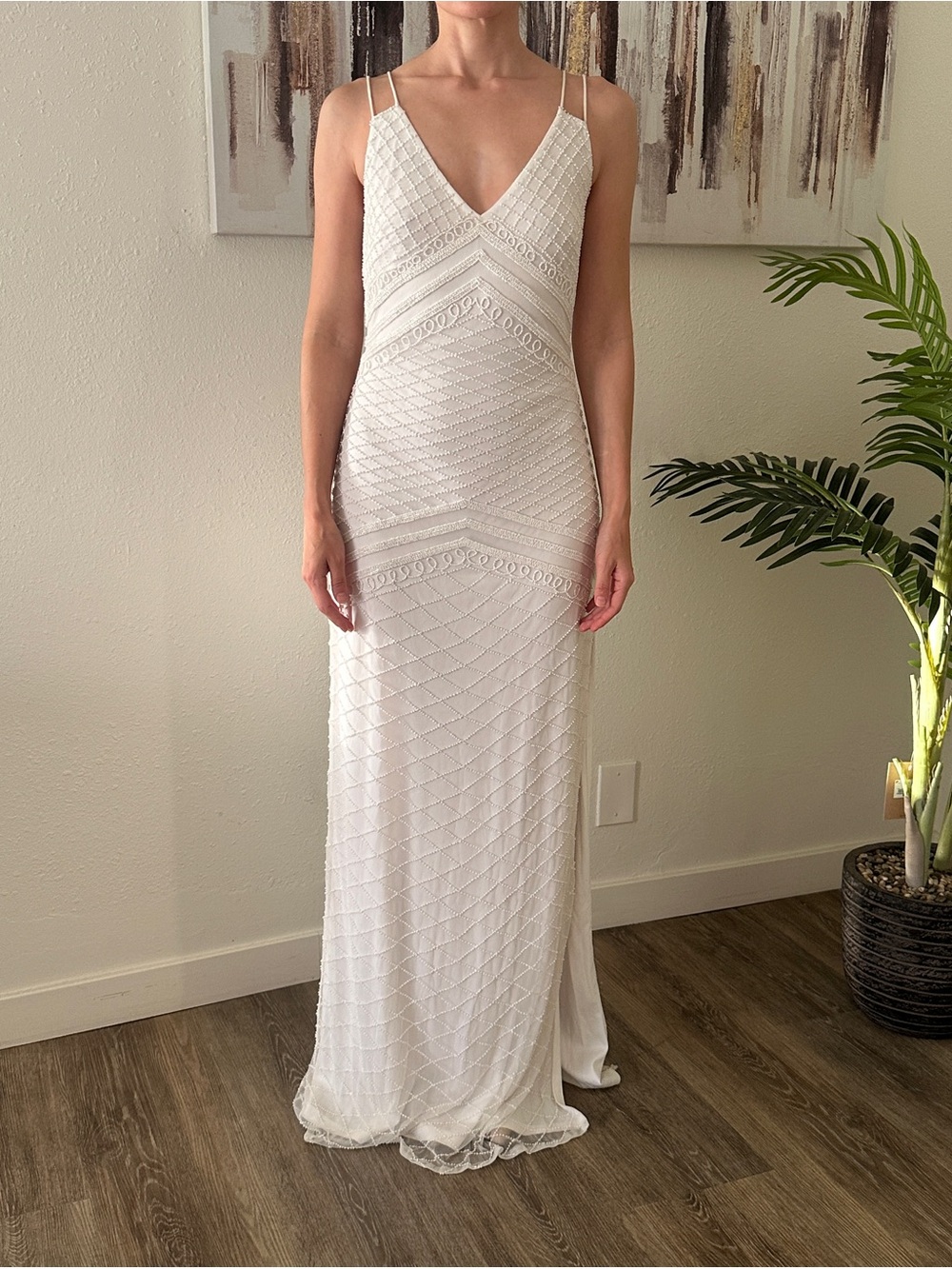 Wedding Dress Elegant White Beaded Maxi Dress - V-Neck Spaghetti Straps Size S